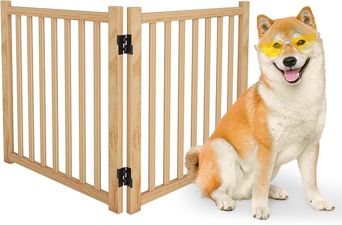 Wooden Freestanding Dog Gates Indoor- 23" Height 2 Panels | Foldable Wood Pet Gate, No-Painted Puppy Gate for Doorways, Stairs, Hallways