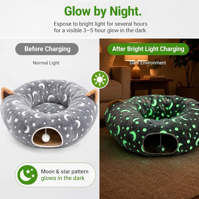 Cat Tunnel Bed Under Christmas Tree with Plush Ball Toy Playground Crinkle Collapsible Self-Luminous Flannel Fabric 3FT for Large Cats Kittens Kitty Small Animals Puppy Grey Moon Star