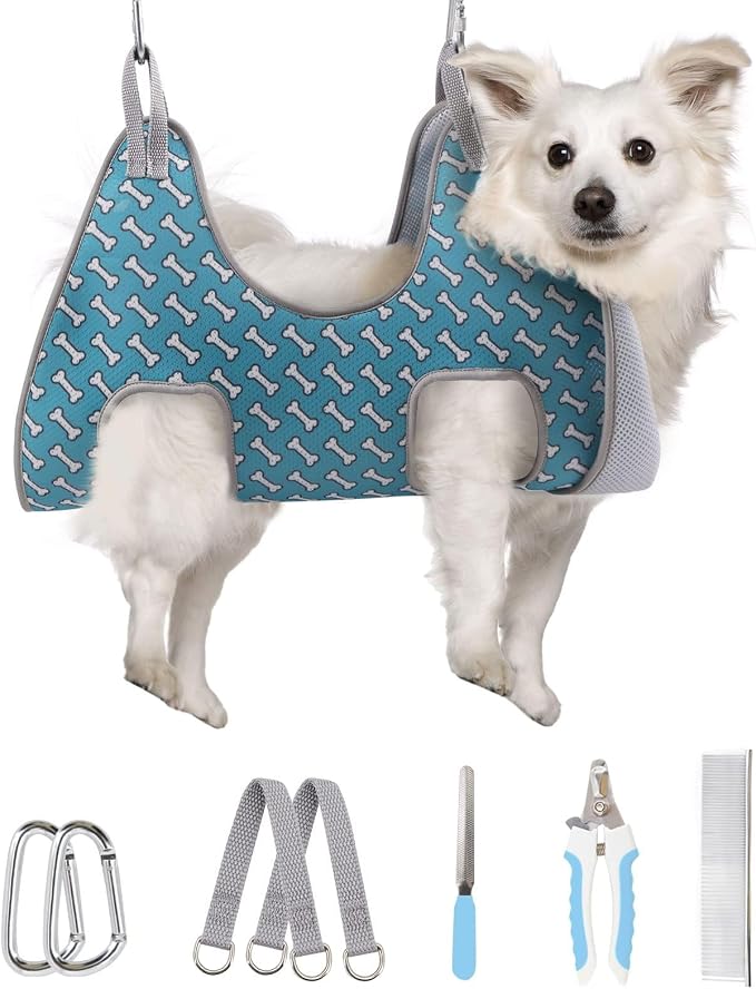 Supet Dog Grooming Hammock for Nail Trimming, Pet Grooming Hanging Harness | Restraint Dog Leashes Sling, Stress-Free Animal Holder Set for Clipping Nails, Ear & Eye Cleaning, Medicine(Coral Blue, M)