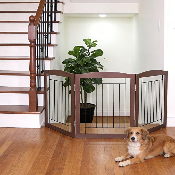 ZJSF Freestanding Foldable Dog Gate for House Extra Wide Wooden Brown Puppy Gate Stairs Dog Gates Doorways Tall Pet Gate 24 "Height 3 Panels Pet Fence