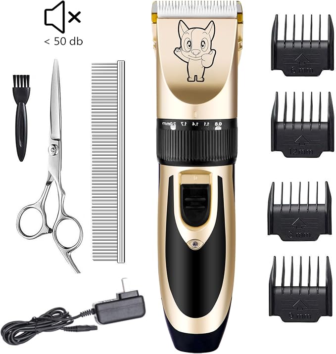 Highdas Dog Clippers for Grooming Low Noise, Cordless Electric Dog Grooming Kit Clippers Rechargeable, Quiet Dog Shaver, Pet Hair Trimmer Kit for Dogs & Cats (Gold)