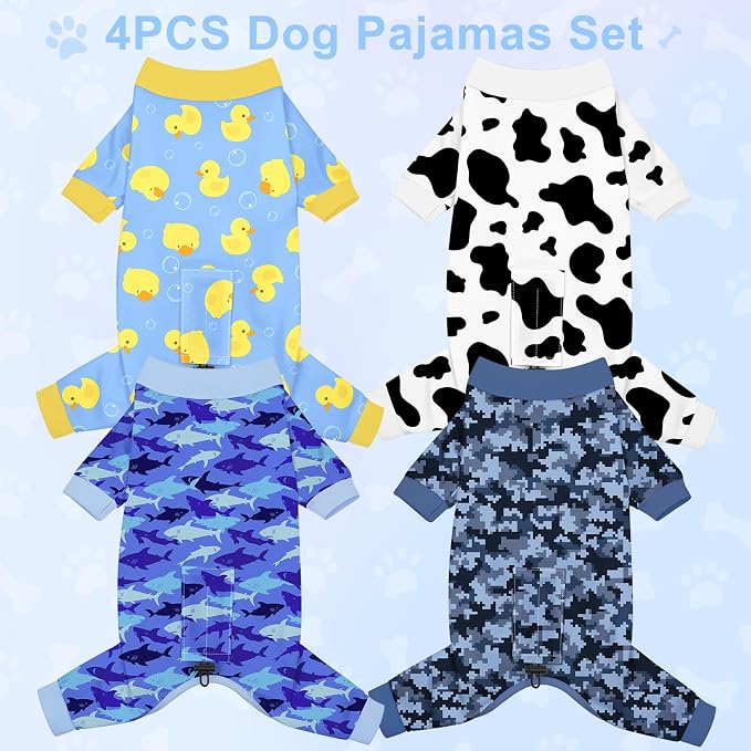 Bienbee Dog Pajamas, 4 Pack Adjustable Onesies for Small to Large Dogs 2XL | Dog Shedding Suit with Soft Fabric, Breathable & Stretchy, and Adjustable Back Length for Sleeping Lounging and Daily Use