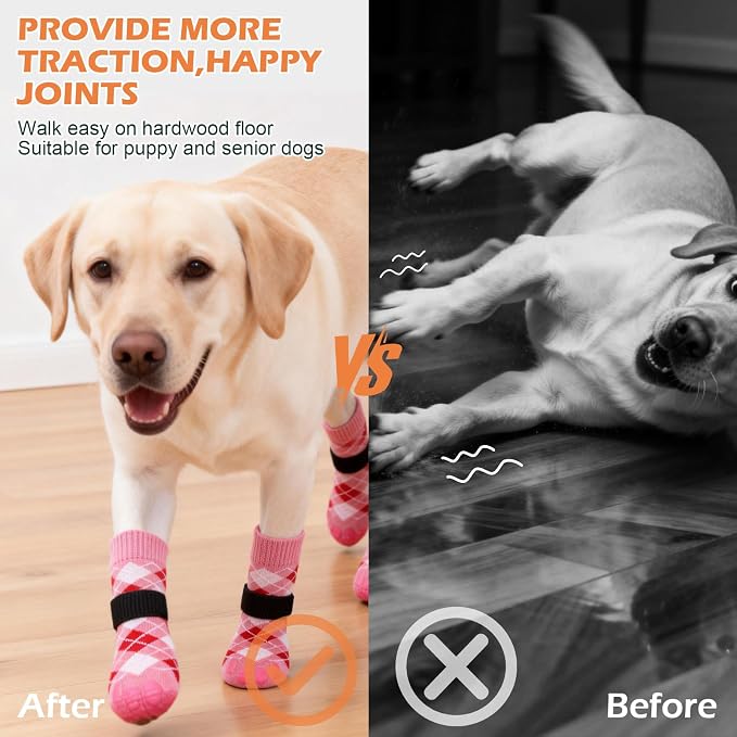 EXPAWLORER Dog Socks to Prevent Licking Paws,Dog Shoes for Hot Pavement,4 Pcs Double Sided Anti Slip Dog Socks with Grippers,Dog Booties for Small Medium Large Senior Dogs,British Style,Pink S