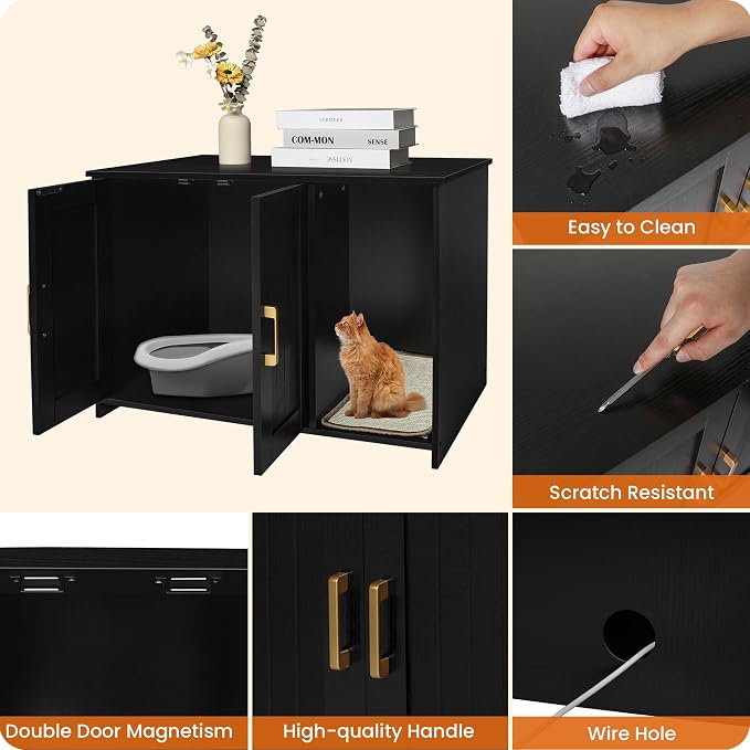 Dwanton Litter Box Enclosure, Cat Litter Box Furniture Hidden, with Scratching Mat, Wooden Cat Washroom Indoor, 31.5" L x 19.7" W x 21.7" H, Black