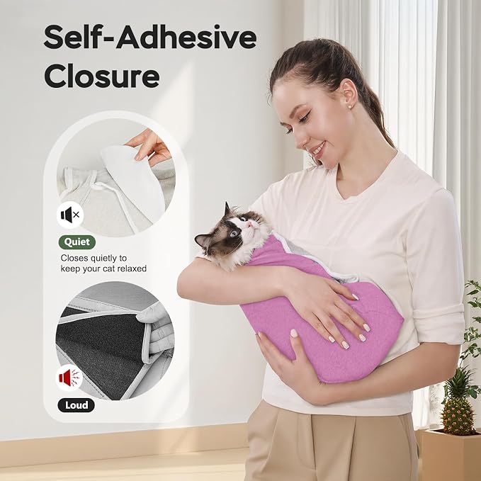 Cat Wrap for Cutting Nails, Self-Adhesive Cat Nail Clipping Restraint Bag, Anti-Scratch Cat Grooming Swaddle for Meds, SubQ Fluids, Ear Cleaning, Teeth Brushing & Vet Visits,Pinkish Purple,L