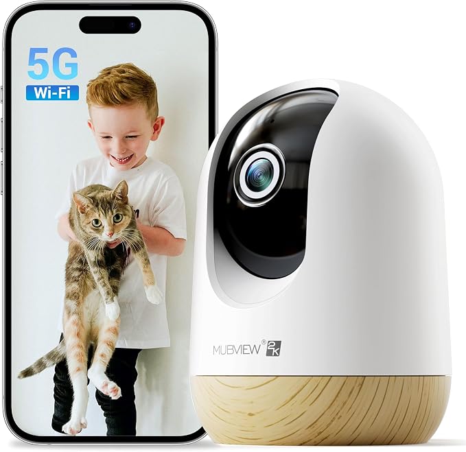 MUBVIEW 5G WiFi Indoor Security Camera No Subscription, Pet Camera with Phone App, Baby Monitor WiFi Smartphone, 2K Night Vision Pan-Tilt Dog Cam, Auto Tracking, 2-Way Audio, SD or Cloud Storage | Phone app, for baby rooms and pets, 2K night vision, pa...