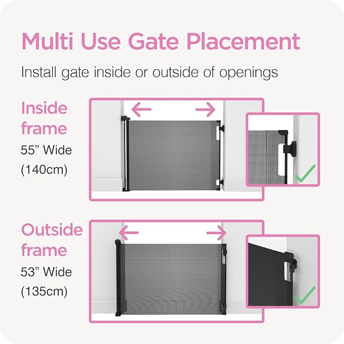 Retractable Baby Gate Perma Child Safety 33" Tall x 55” Wide, Mesh, for Stairs, Doorways, Dogs, Pets, Indoor, Outdoor, One-Handed Operation, Locking, Easy Install, Hardware Mount, Black