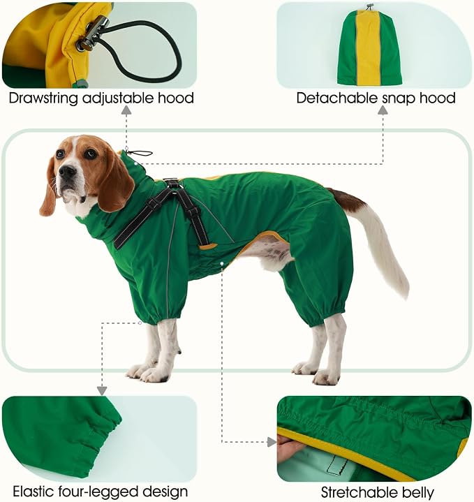 Lelepet Large Dog Raincoat with Harness, Green, XL | Waterproof full body for rainy walking hiking, Adjustable detachable hood for flexible wear, Reflective stripes ensure safety
