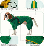 Lelepet Large Dog Raincoat with Harness, Green, 3XL | Waterproof full body for rainy walking hiking, Adjustable detachable hood for flexible wear, Reflective stripes ensure safety
