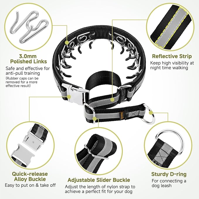 Mayerzon Martingale No Pull Dog Collar with Alloy Buckle, Black, XL, 3mm | For Large Medium Dogs that Pull, Patented Dog Walking Training Collar, Thick Foam Padding, Reflective, Adjustable, 1.5'' Wide