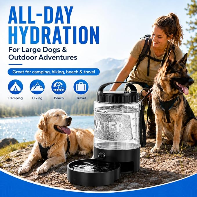 Portable Dog Water Bottle with Travel Bowl, 98 oz/2.8 L, Black | 2-in-1 portable dog water bottle with pull-out bowl; BPA-free plastic, silicone seal, wide mouth and grip for hikes or travel