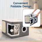 Shikha Cat House Bed for Indoor Cats with Fluffy Ball and Scratch Pad Grey | Foldable Large Cat Cave Hideaway with Cozy Condo, Hide and Seek Window, Holds Up to 30LBS, All Season Reversible Cushion