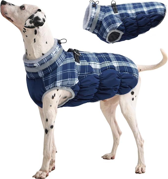 FUAMEY Dog Cold Weather Coats Reflective Dog Warm Jacket with Harness | Fleece Winter Coat for Large Dogs Snow Puffer Vests with Zipper Reflective Turtleneck Jackets for Winter Blue Plaid XL