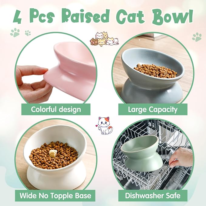 Hushee 4 Pcs Ceramic Raised Cat Food Bowls Elevated Tilted Dish Anti Vomiting Food or Water Bowls Pet Supplies