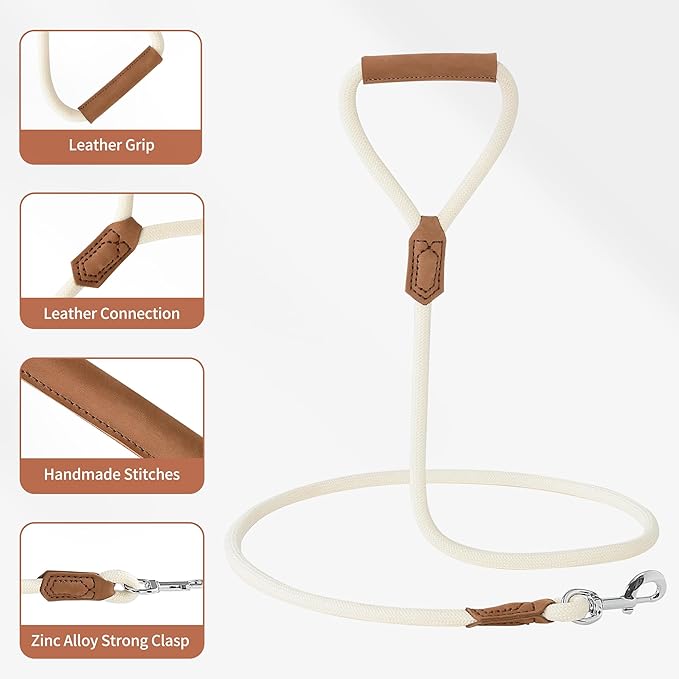 Mile High Life Dog Leash with Genuine Leather Handle, 6 FT/5 FT/4 FT | Leather Grip Rope Leash, Heavy Duty 360° Swivel Metal Clasp, for Small Medium & Large Dogs