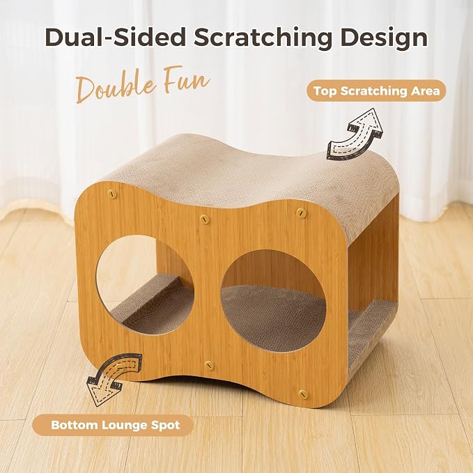 Avont 2-in-1 Cat Scratcher with Reversible Scratching Board, Curved | Protects Furniture, Durable Wooden Frame, Easy Assembly, Tunnel
