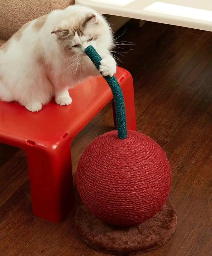 VETRESKA Cherry Cat Scratching Post, 22.64" Tall Cat Scratcher with Jute Rope Ball, Vertical Cat Scratch Post Claw Scratchers for Indoor Cats, Kitten Supplies | Vertical Cat Scratch Post Claw Scratchers for Indoor Cat and Kitten