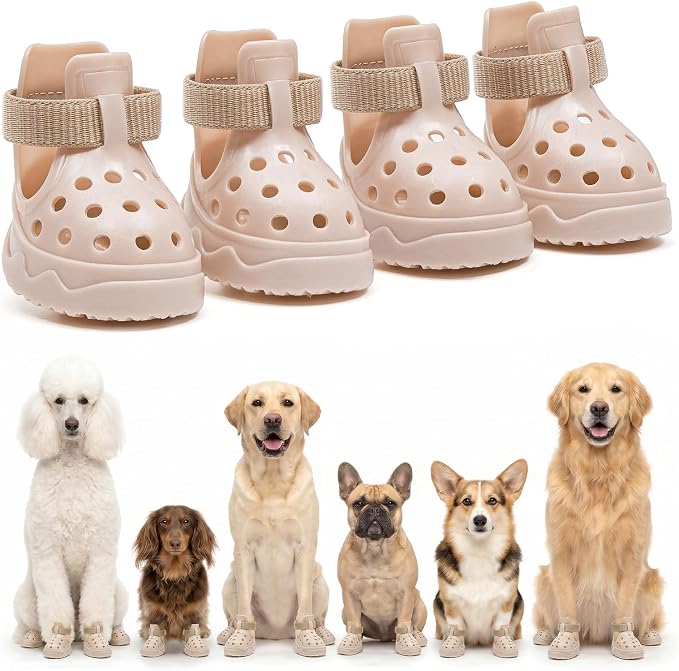 Soft Dog Shoes for Hot Pavement, Breathable Vented Dog Boots, Khaki, Size 8 | 4 Pack, Soft Rubber Material, Lightweight, Anti-Slip Soles, Reflective Strap, Wide Opening, Summer Walks, Medium & Large Dogs