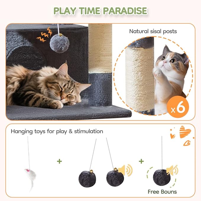 Taoqimiao 79in Cat Tree, Tall Large Cat Tower for Indoor Adult Cats S10G | Easy assembly, Sturdy, Multi Level, Easy Clean, Cozy Condo, Perches, Baskets, Suitable for Kittens and Adult Cats
