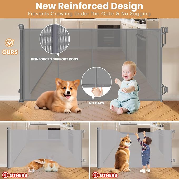 Spaceany Reinforced Retractable Baby Gate or Mesh Dog Gate,Easy to Use for Stairs, Doorways, Hallways, Indoor, Outdoor, Wide Pet Gate 33.5" Tall, Extends to 45" Wide, Gray