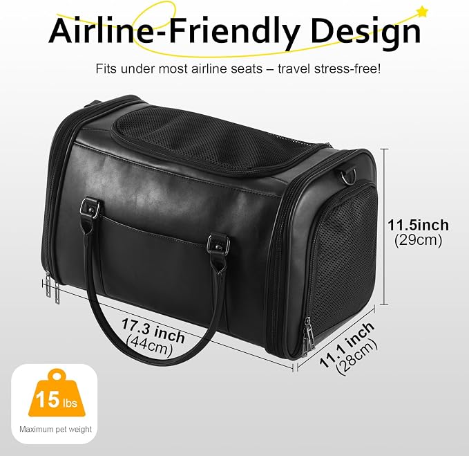 Stylish Leather Pet Carrier for Small Dogs and Cats Up to 15 lbs, Airline Approved Lightweight Travel Tote with Breathable Mesh and Shoulder Strap Black
