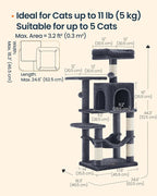 SONGMICS HOME Cat Tree for Indoor Cats, Multi-Level Tower Condo with Sisal Scratching Posts, Hammock and Condo, Dark Gray