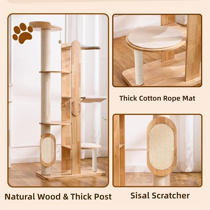 SHENGOCASE 72-Inch Modern Cat Tree Tower Condo for Large Cat, Natural Rubber Wood, Multi-Level Ladder with Hammock, Sisal Scratching Post, Large Perch Platform