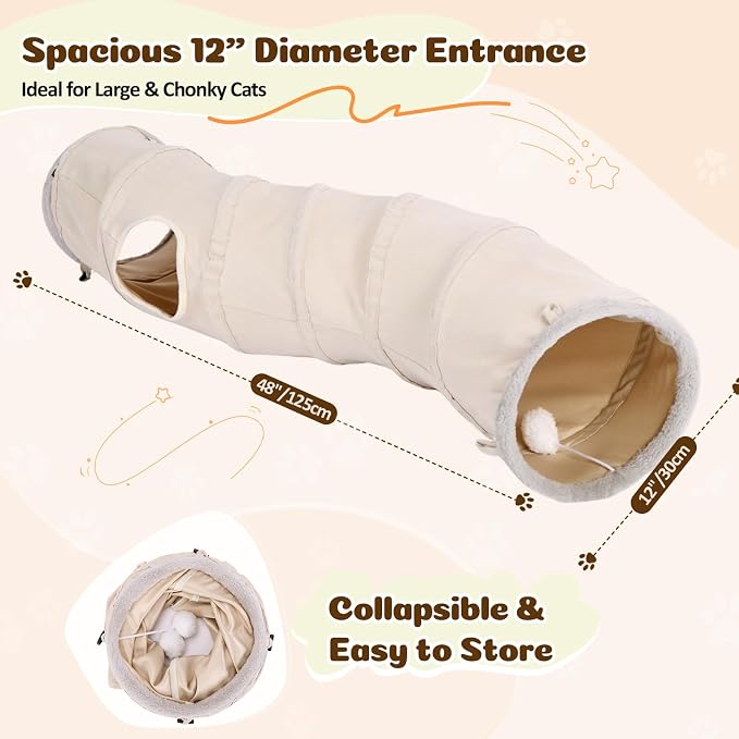 Ownpets S-Shape Cat Tunnel Toy 48"L x 12"D, for Cats, Puppies & Small Pets | Collapsible for storage, tear-resistant oxford fabric, connects to other tunnel, with peek hole, feather wand, indoor/outdoor