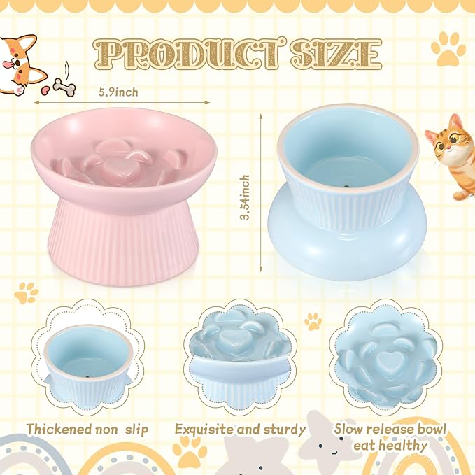 Layhit 2 Pack Raised Slow Feeder Cat Bowls Ceramic Elevated Cat Food Bowls Anti Vomiting Slow Feeder for Dog and Kitten for Dry and Wet Food(Blue, Pink)