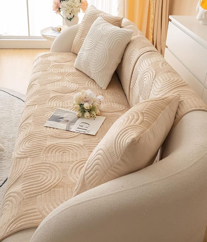 Soft Plush Geometric Quilted Couch Sofa Cover Boho Non Slip Fuzzy Sectional Couch Cover Solid Color Washable Sofa Slipcover Furniture Protector for Kids Dogs Cats (Coffee,28"x28")