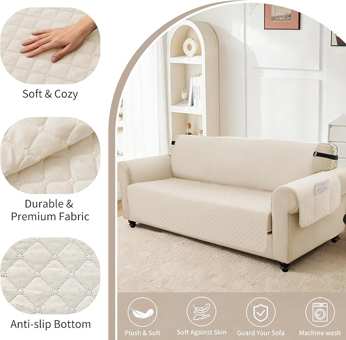 100% Waterproof Couch Cover for Dogs with Non-Slip & Side Pockets 23", Furniture Protector Sofa Covers, Washable Cushion Covers for Pets Kids Cat-Armchair Beige