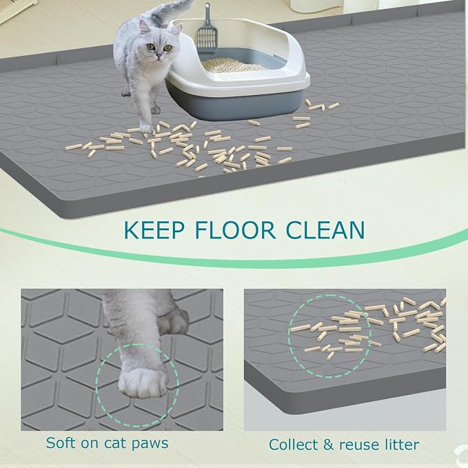 Cat Litter Mat for Litter Box, Silicone Large Cat Litter Trapping Mat - 34x22 in, Waterproof & Non-Slip, Durable & Easy Clean, Gray