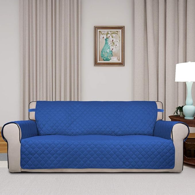 PureFit Reversible Quilted Sofa Cover Dog Couch Covers for Sofa, 66 in | Classic Blue/Ivory, Water Resistant Couch Protector, Washable Pet Couch Cover with Non Slip and Elastic Straps For Kids