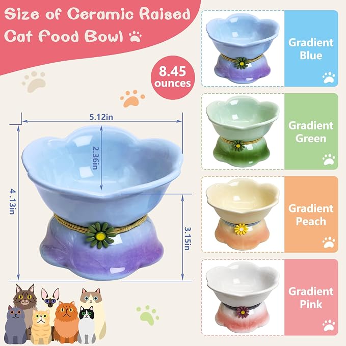 Kathson 4 Pcs Ceramic Raised Cat Food Bowls Elevated Kitty Bowl for Food and Water Anti Vomiting Tilted Cat Bowl for Kittens and Small Dogs Dishwasher and Microwave Safe (8.45 Ounces)