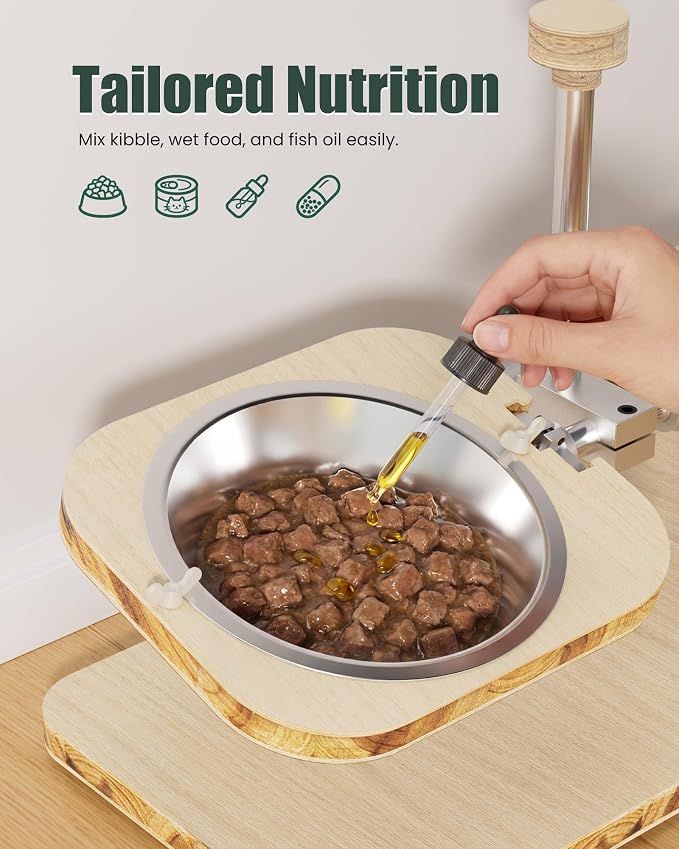 Elevated Cat Bowls with Wood Stand Adjustable Tilt (2 Cups/Bowl) | FSC Certified E0 Grade Frame,Whisker Fatigue Comfort,Dishwasher Safe Stainless Inserts,Non-slip Pads