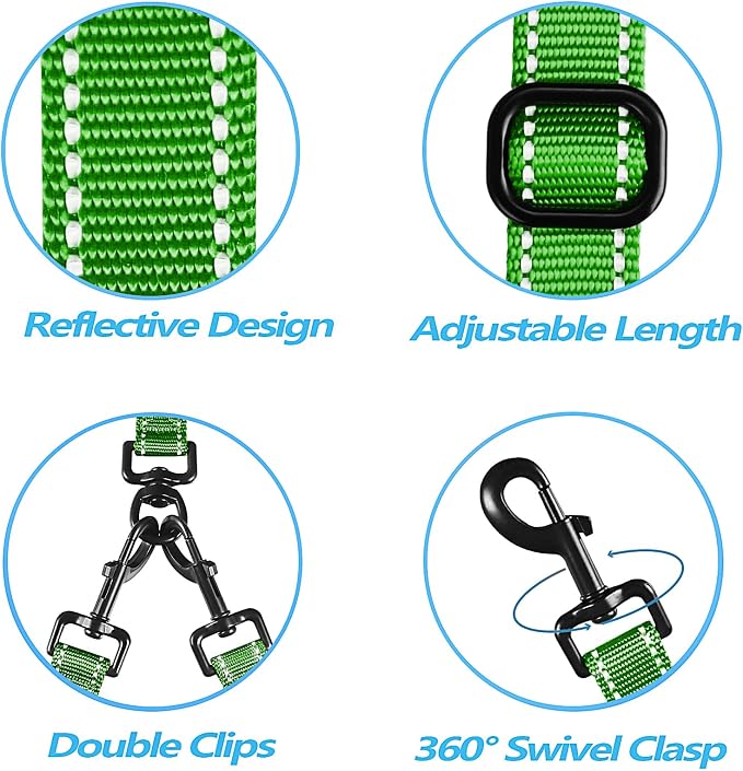 PetBonus Double Dog Leash, No Tangle Dual Leash, Walking Training Lead | 4 Comfortable Padded Handles, Adjustable, Reflective, For Two Large Medium Dogs, Collapsible Bowl and Waste Bags, Grass Green