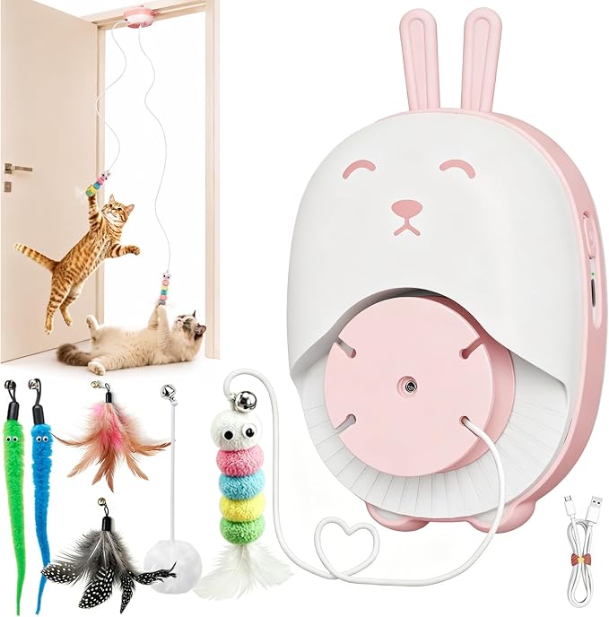 Interactive Cat Toys for Indoor Cats,Automatic Hanging Door Cat Teaser Feather Toy with 6 Accessories,2 Modes,Auto Pause & USB Rechargeable Electric Cat Chase Toy,Safe for Bored Adult Kitten-Pink