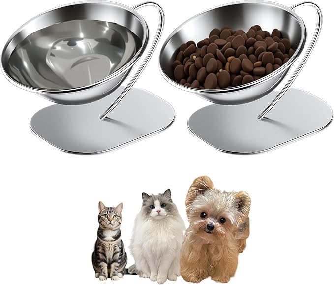 Elevated Cat Food Bowl 15° Tilt Stainless Steel for,2PC | Elevated Cat Bowls, detachable stand, and stainless steel bowl. Reduces neck strain, slows eating, prevents spills