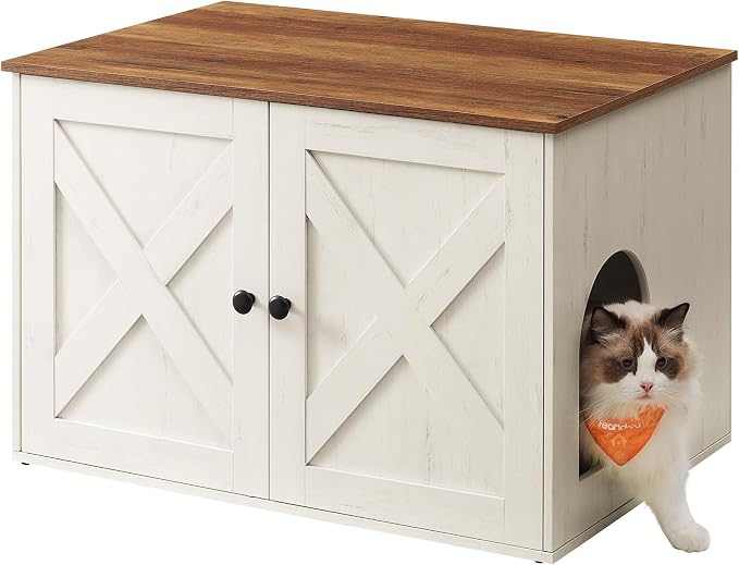 Feandrea Cat Litter Box Enclosure, Litter Box Furniture Hidden, Indoor Cat House, End Table, 27.6 x 19.7 x 19.7 Inches, Rustic White and Honey Brown UPCL022K02