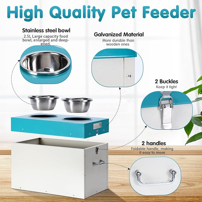 Elevated Dog Bowls with Storage Large 2-in-1 Pet Food Storage Raised Bowl | 15"H Galvanized Steel Raised Bowl for Dogs Holds Up To 45 Lbs 2 Removable Stainless Steel Bowls for Medium & Large Dogs
