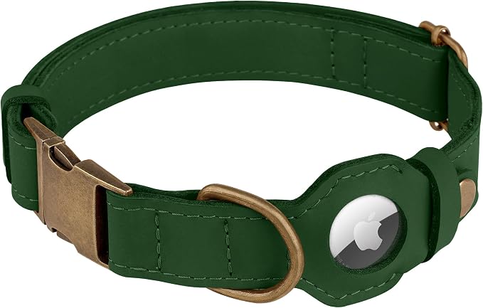 AirTag Dog Collar - Genuine Leather Dog Collar with Apple AirTag Holder and Metal Buckle - Smart GPS Tracking Pet Collars (Dark Green, XL, 20"-25" Neck Fit)