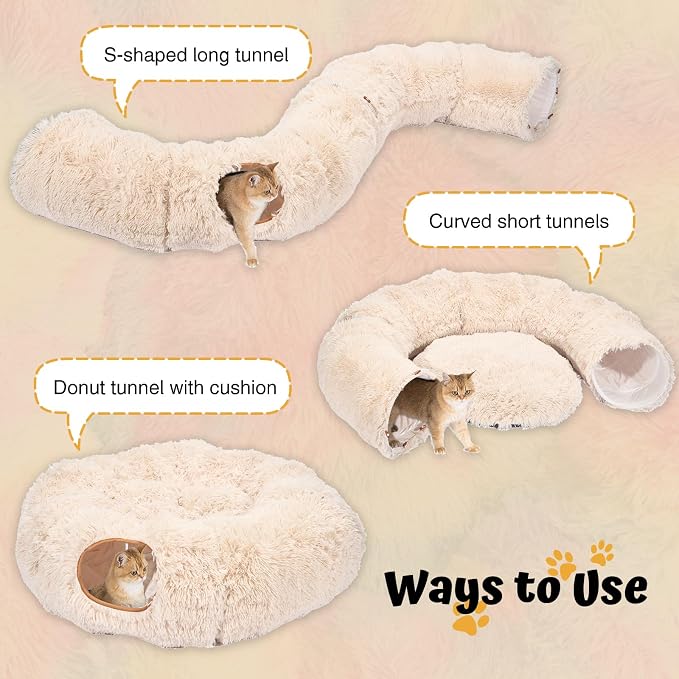 Avont Cat Tunnel Bed, Washable Cushion, Large 3-in-1 Play Tube for Cats | Play, Rest & Snuggle | Spacious for Big Cats | Durable Toggle Design | Removable Washable Cushion | Beige