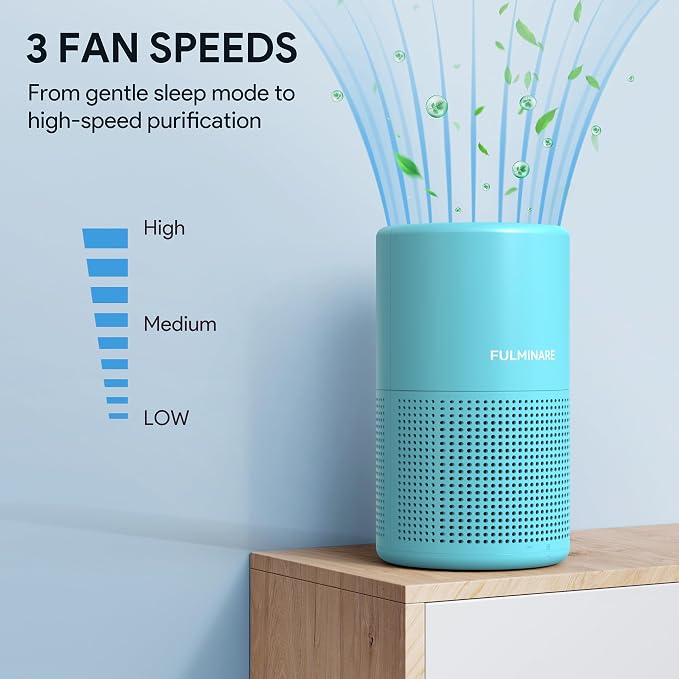 FULMINARE Air Purifiers for Home Bedroom H13 HEPA Air Filter | 360° Intake for Pet Hair, Smoke, Odors , 3 Speeds, Timer, 24dB, Small Mini Air Purifier with Night Light, Ocean Blue
