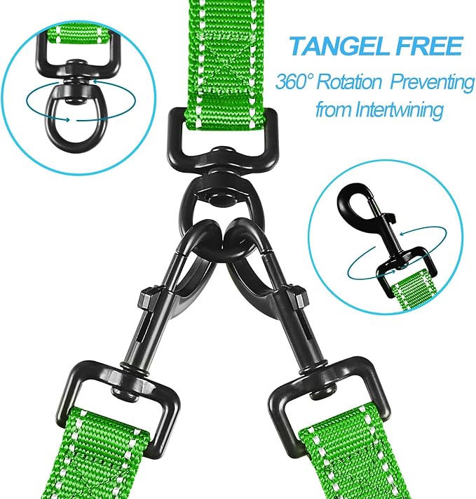 PetBonus Double Dog Leash, No Tangle Dual Leash, Walking Training Lead | 4 Comfortable Padded Handles, Adjustable, Reflective, For Two Large Medium Dogs, Collapsible Bowl and Waste Bags, Grass Green