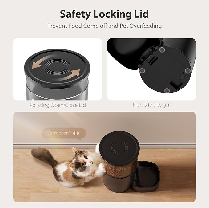 IMIPAW Automatic Cat Feeders, 5L Large Capacity, Timed Feeding Dry Food, Dual Power Design, Programmable Portion Size, 1-6 Meals Per Day, with Desiccant, Suitable for Small Pets Food Dispenser, Black