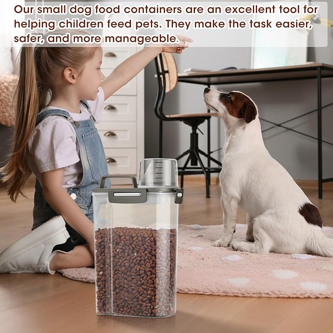 TBMax Small Dog Food Storage Container 3 Qt with Cat Food Can Cover and Mixing Spoon, Portable Travel Pet Food Dispenser with Large Spout and Cup
