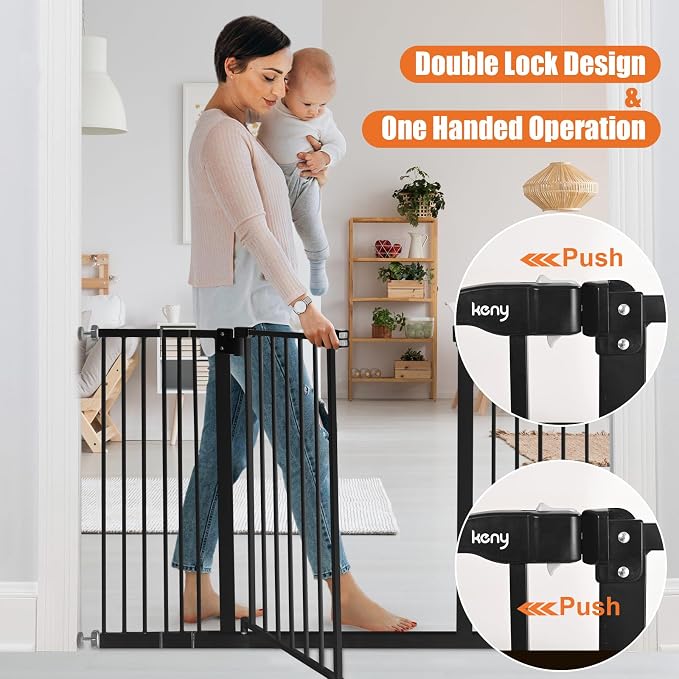 keny 29"-42.5" Baby Gate for Stairs, Auto Close Safety Dog Gate | Pressure Mounted Easy Walk Through Pet Gate for Doorways, Durable Stair Gate, 30" Tall, Black