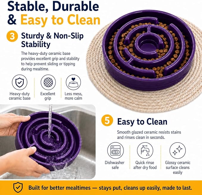 Ceramic Slow Feeder Dog Bowl, 1.5 Cup Puzzle Dish for Small Medium Dogs | Glazed ceramic maze bowl with 1.5-cup capacity for dry or wet food, sized for small and medium dogs
