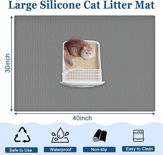 XXL Extra Large Silicone Cat Litter Trapping Mat for Scatter Control, 40"x30"(100cmx75cm) Waterproof Kitty Litter Box mat for Floor, Soft on Kitty Paws, Easy to Clean, Dark Blue