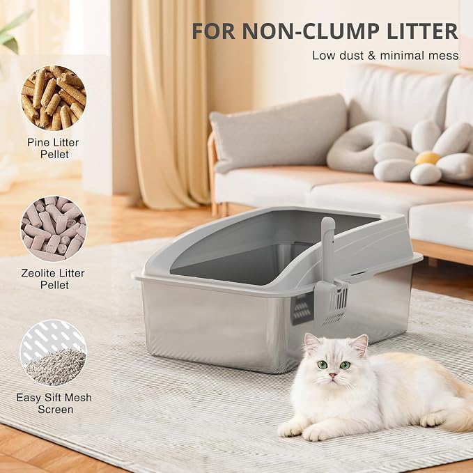 23.6"x15.7"x13.78" Stainless Steel Sifting Litter Box, XXL Sifting Cat Litter Box for Pine Pellets with 8" Deep Pan, High Sides Metal Litter Box for Big Cats, Easy-to-Clean